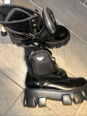 Replic* Prada Black Leather & Nylon Chunky Combat Boots with Detachable Pouch